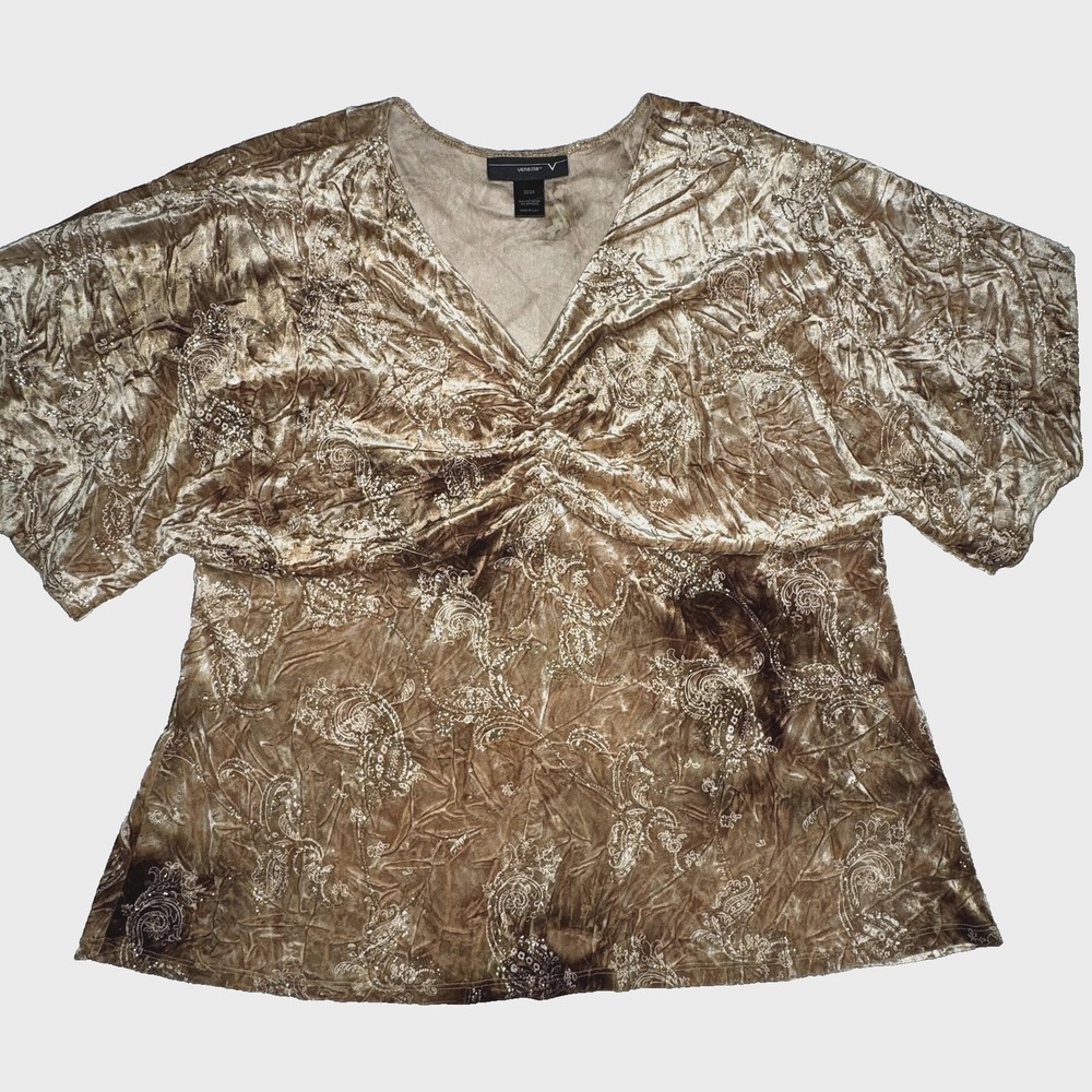 Vtg Y2K Venezia Shirt Womens Sz 22/24 Gold Crushed Velvet Paisley Babydoll Top